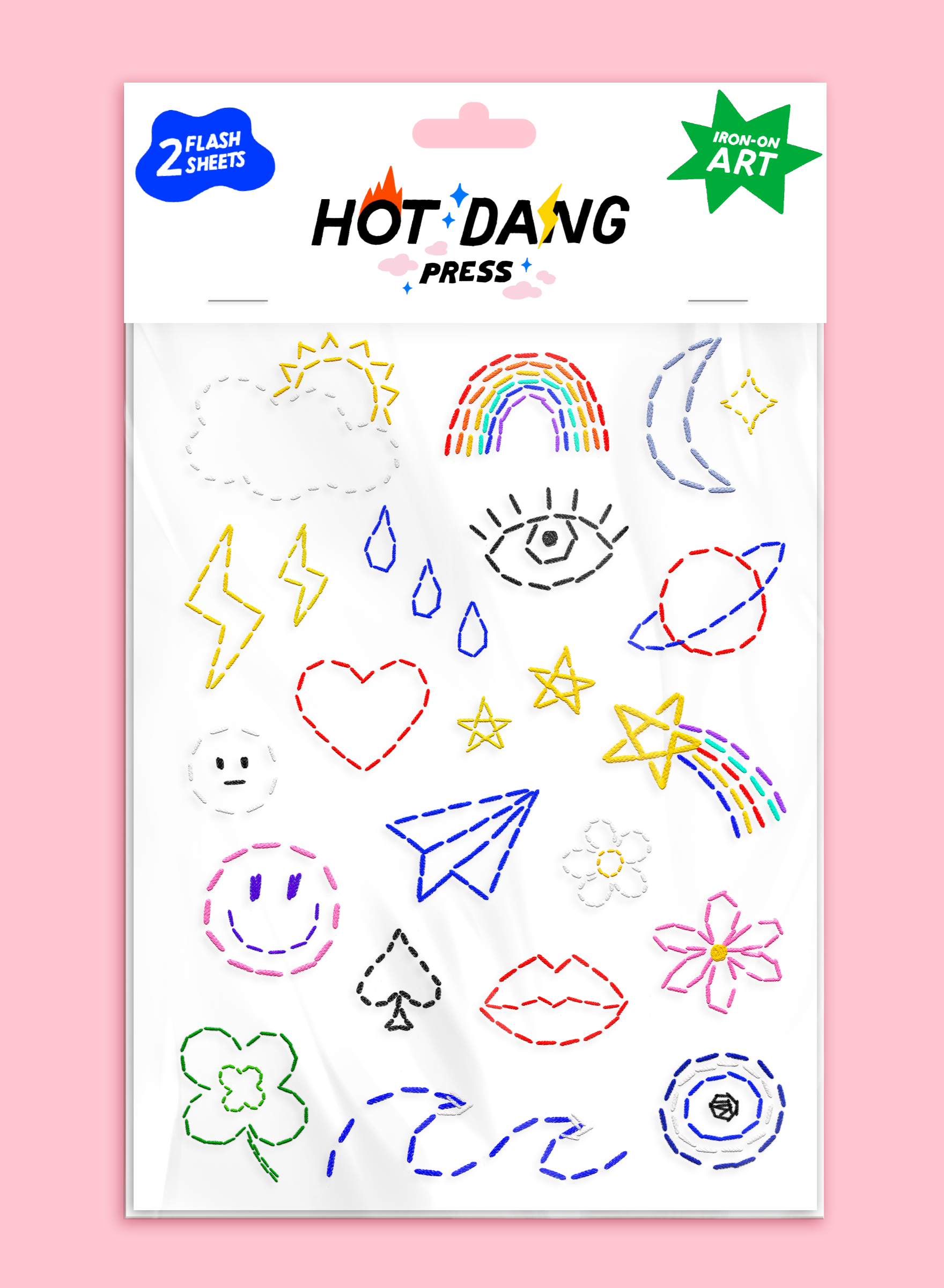 Embroidery iron-on charms on a sheet