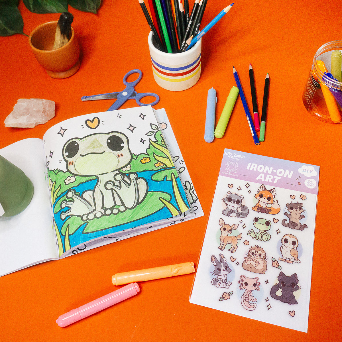 kawaii illustration patches, chibi animals, fox, axolotl, owl, frog, otter, raccoon, deer, rabbit, cat, hedgehog, coloring book