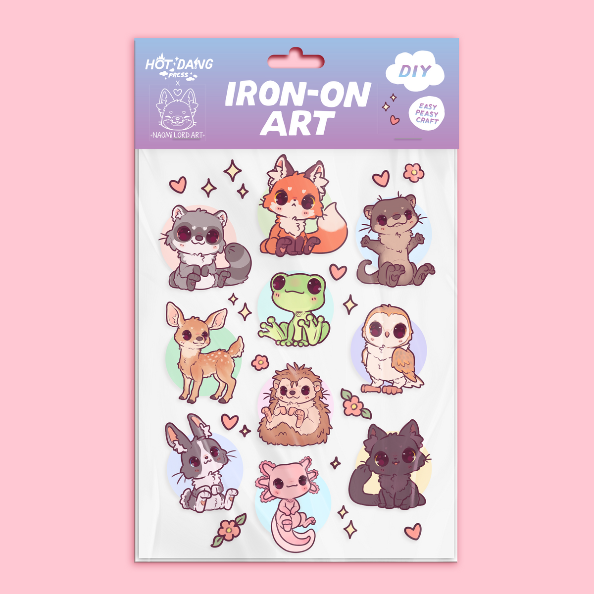 kawaii illustration patches, chibi animals, fox, axolotl, owl, frog, otter, raccoon, deer, rabbit, cat, hedgehog